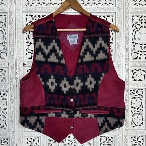 Vintage Wool Suede Leather Western Aztec Snap‎ Button Vest Sz Large